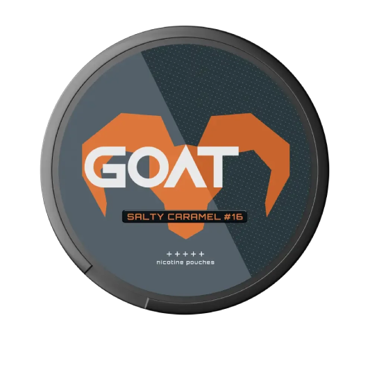 GOAT Salty Caramel #16 nicotine pouches with bold orange goat horn design on a dark background.