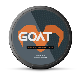 GOAT Salty Caramel #16" nicotine pouches with bold orange goat horn design on a dark background.