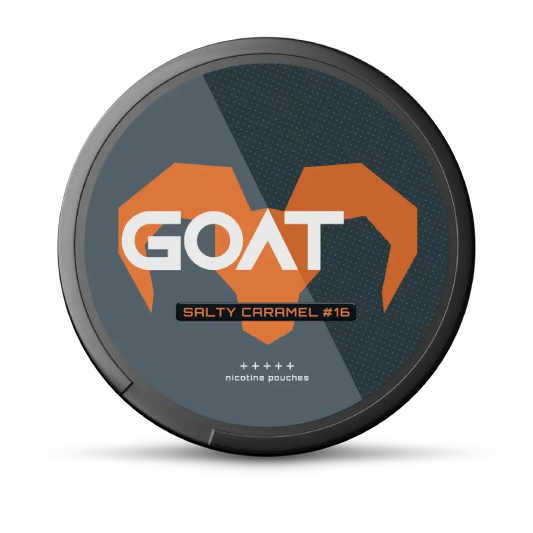 GOAT Salty Caramel #16 nicotine pouches with bold orange goat horn design on a dark background.