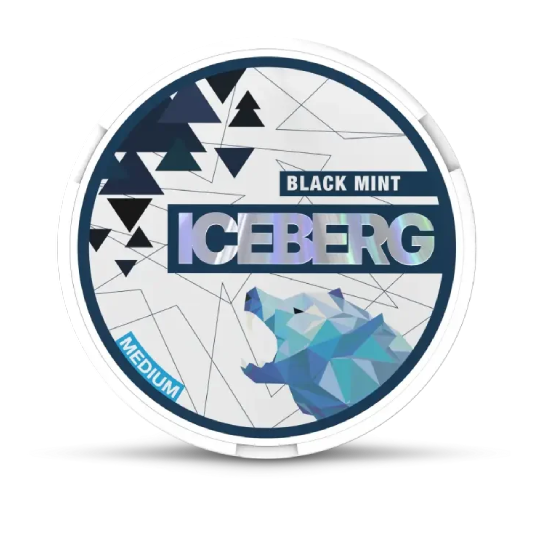 Iceberg Black Mint packaging with geometric design and bear illustration on a white background
