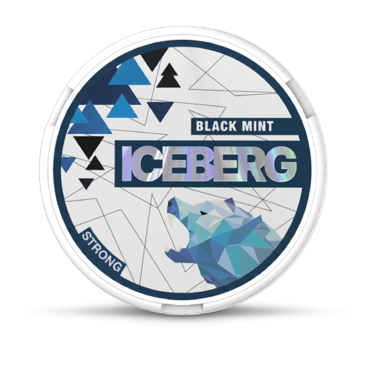 Iceberg Black Mint packaging with geometric design and bear illustration on a white background