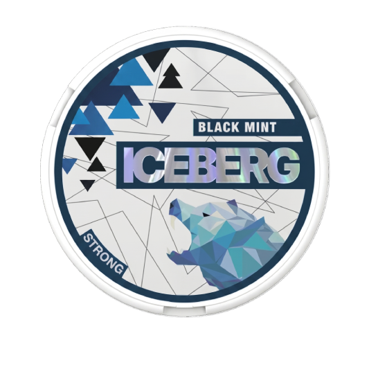 Iceberg Black Mint packaging with geometric design and bear illustration on a white background
