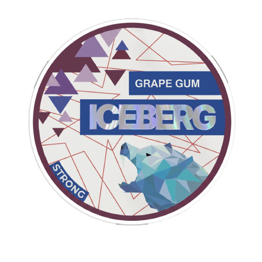 Iceberg grape gum packaging with geometric design and bear illustration on a white background