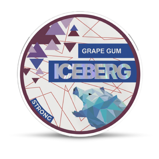 Iceberg grape gum packaging with geometric design and bear illustration on a white background