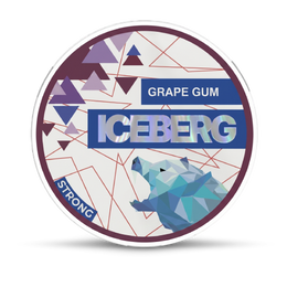 Iceberg grape gum packaging with geometric design and bear illustration on a white background