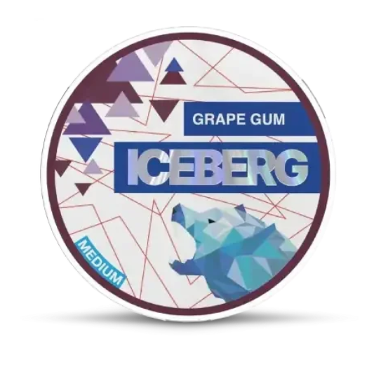 Iceberg grape gum packaging with geometric design and bear illustration on a white background