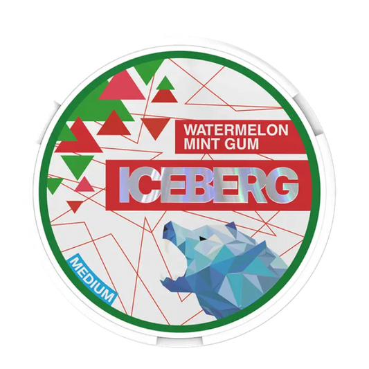 Iceberg Watermelon Mint Gum tin with geometric polar bear design, red and green triangles, and a Medium strength label.
