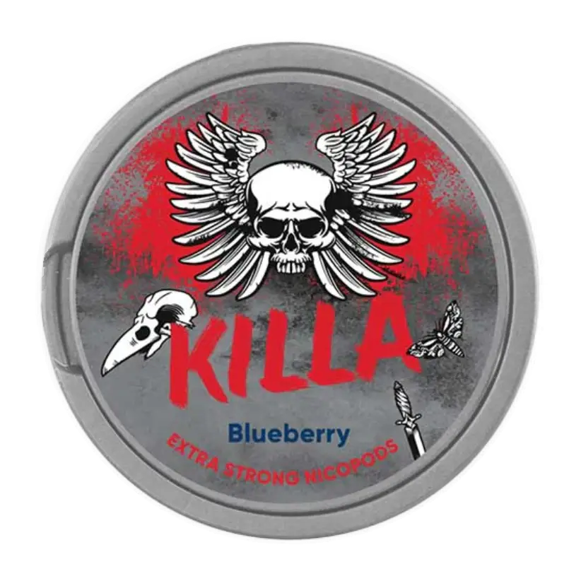 A round silver container with red paint splatter effect of KILLA Blueberry nicotine pouches. The lid design features a bold red KILLA logo, a winged skull, a raven skull, a butterfly, and a dagger.