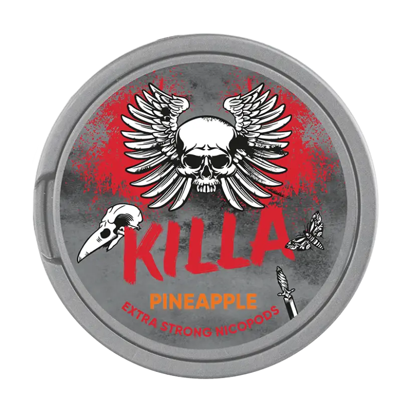 A round silver container with red paint splatter effect of KILLA Pineapple nicotine pouches. The lid design features a bold red KILLA logo, a winged skull, a raven skull, a butterfly, and a dagger.