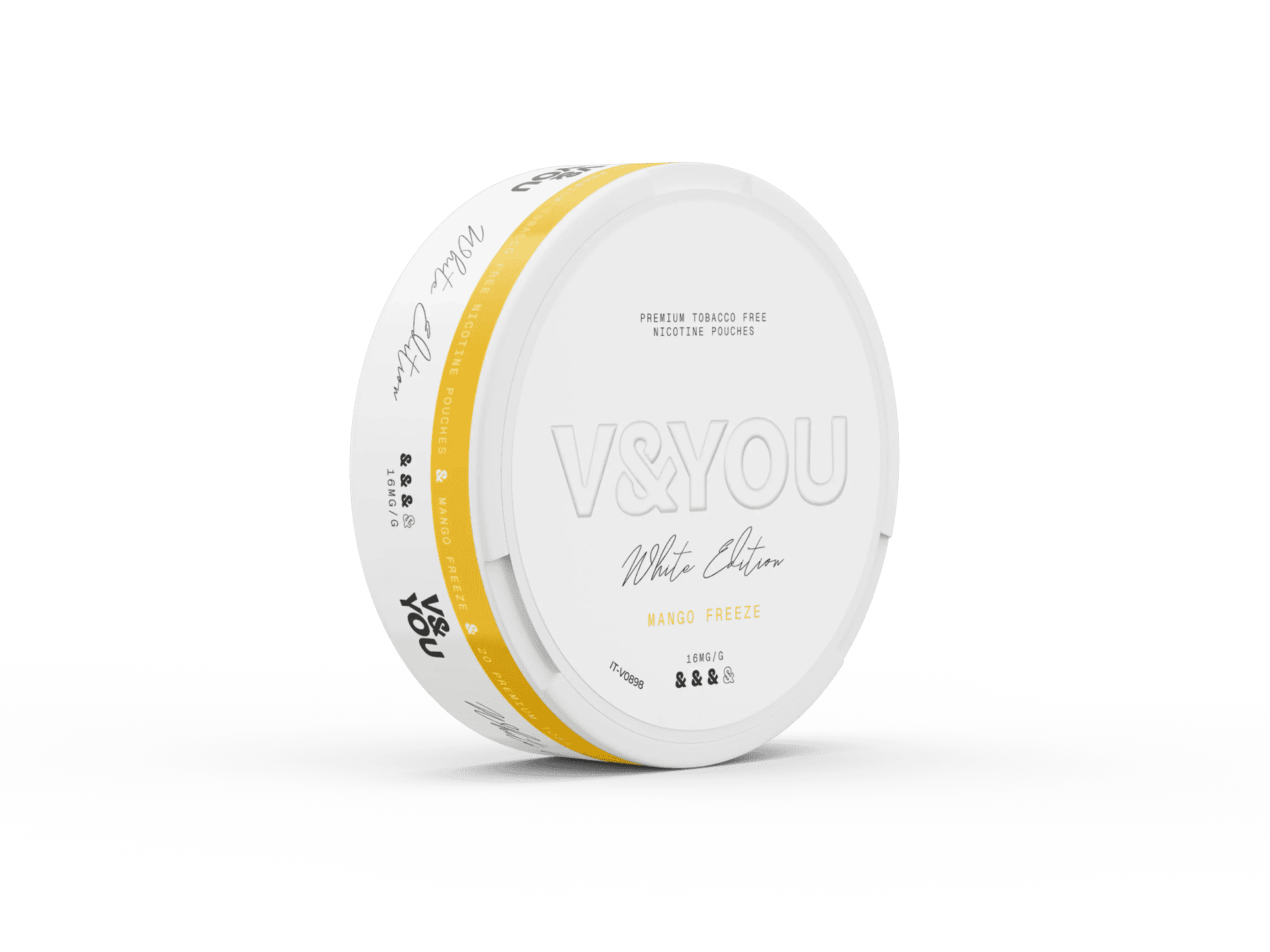 Round white container with labelled "V&You Mango Freeze" flavour and "16 mg/g" strength.