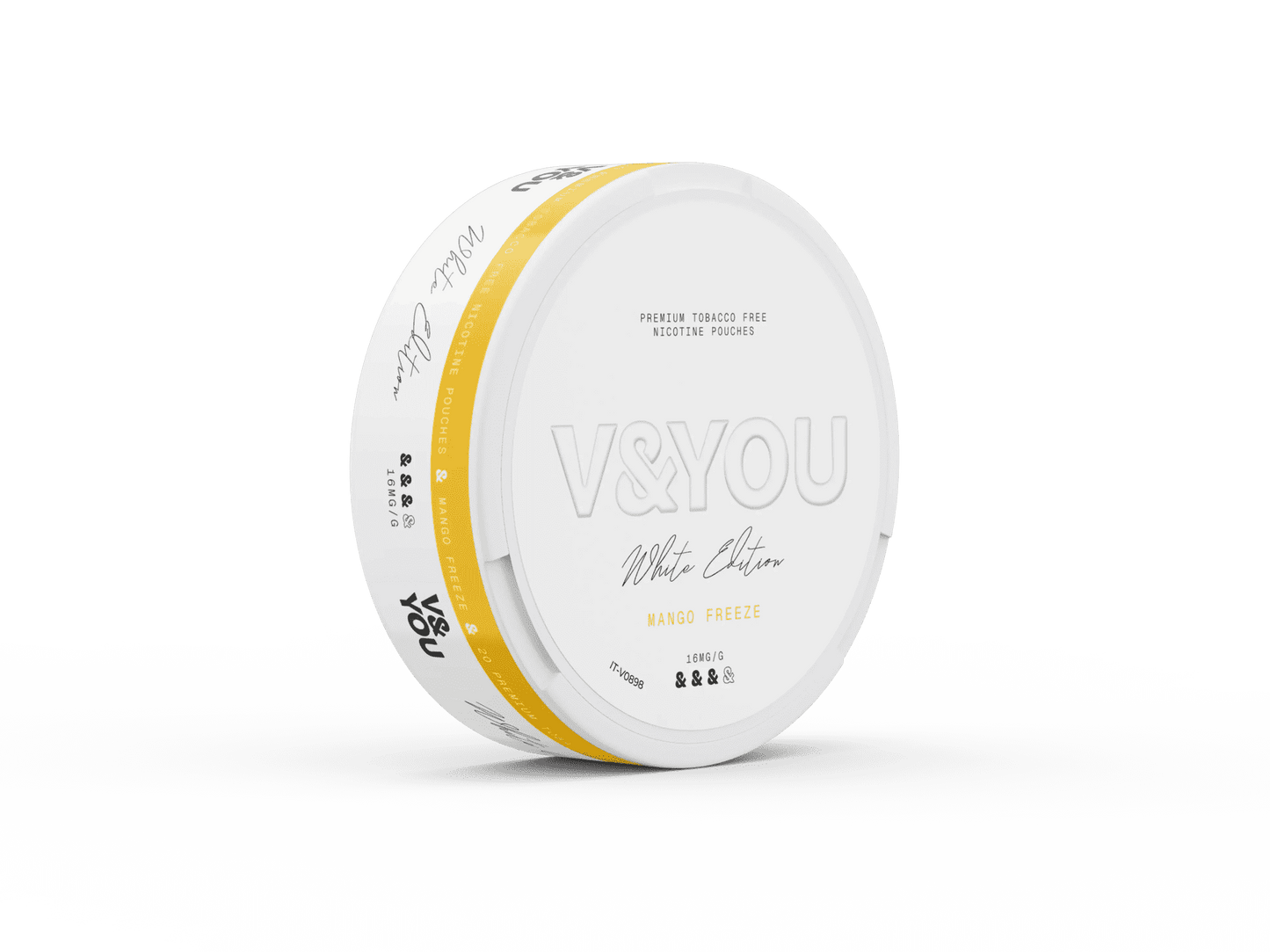 Round white container with labelled "V&You Mango Freeze" flavour and "16 mg/g" strength.
