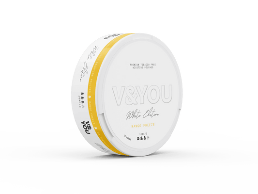 Round white container with labelled V&You Mango Freeze flavour and 16 mg/g strength.