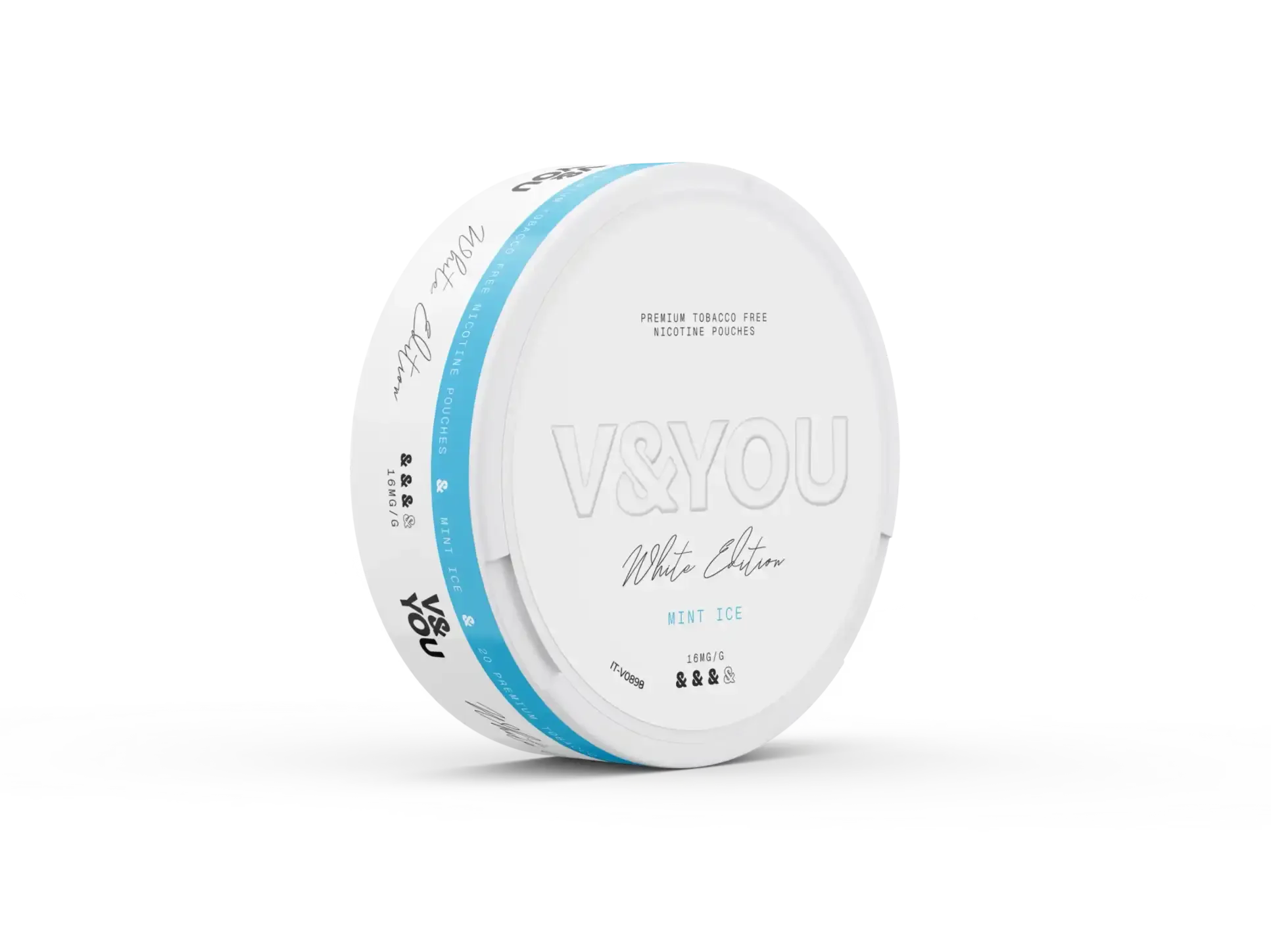 Round white container with labelled "V&You Mint Freeze" flavour and "16 mg/g" strength.