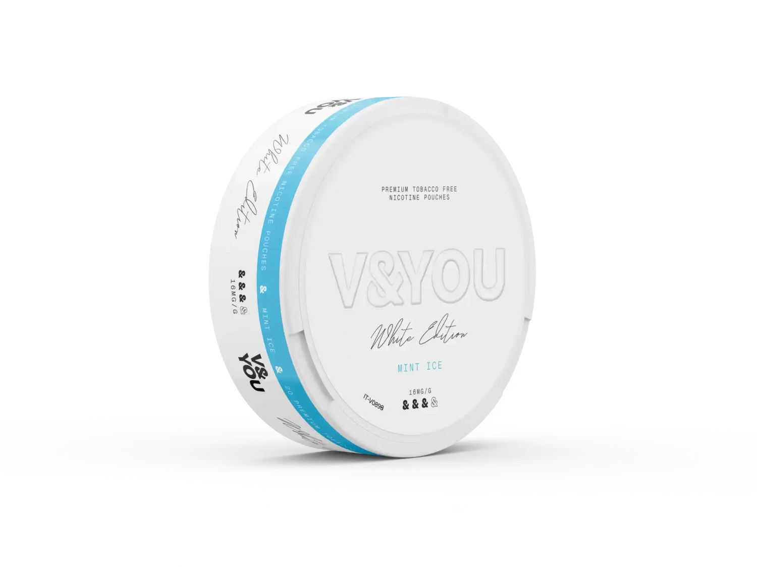 Round white container with labelled "V&You Mint Freeze" flavour and "16 mg/g" strength.