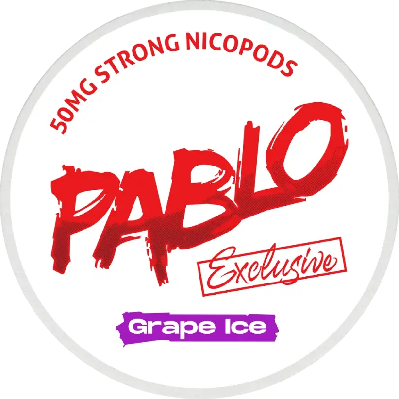 A round white container of PABLO Exclusive Grape Ice nicotine pouches. The lid features a bold red PABLO logo with brushstroke style and Grape Ice in a purple banner at the bottom.
