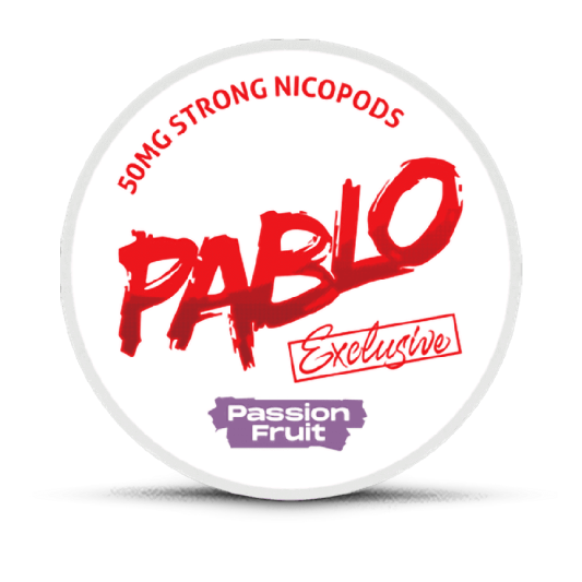 Pablo Nicopod container with red and purple text on a white background