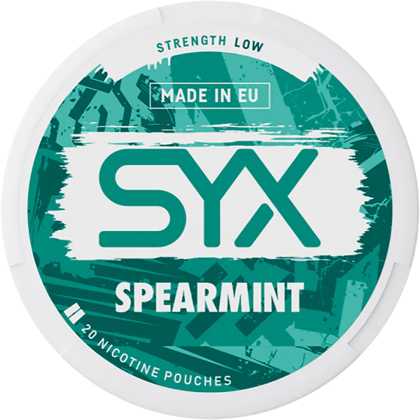 SYX Spearmint nicotine pouch container on a black background