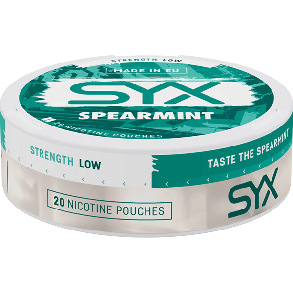 SYX Spearmint nicotine pouch container on a black background