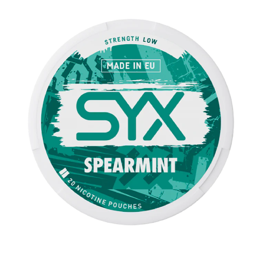 SYX Spearmint nicotine pouch container on a black background