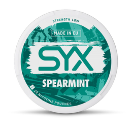 SYX Spearmint nicotine pouch container on a black background