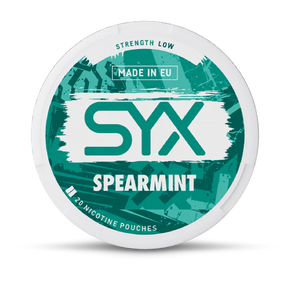 SYX Spearmint nicotine pouch container on a black background