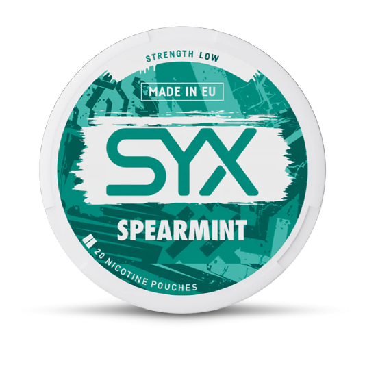 SYX Spearmint nicotine pouch container on a black background