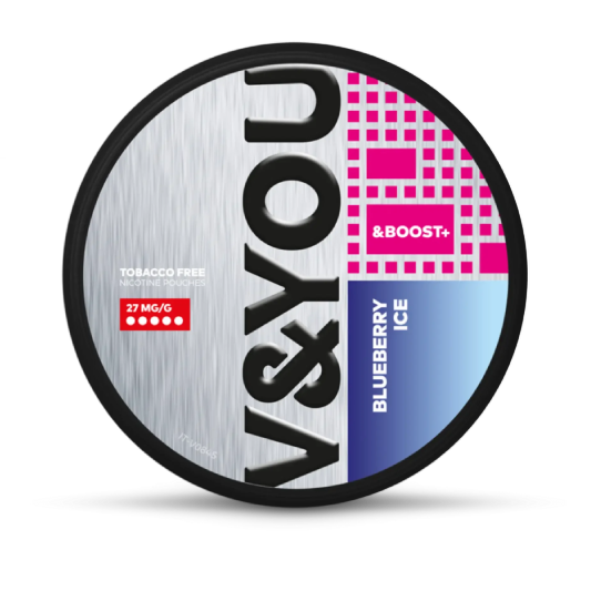 V&You Blueberry Ice & Boost nicotine pouch, 27 mg/g, tobacco-free.