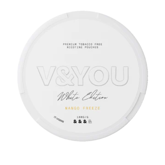 Round white container with labelled "V&You Mango Freeze" flavour and "16 mg/g" strength.