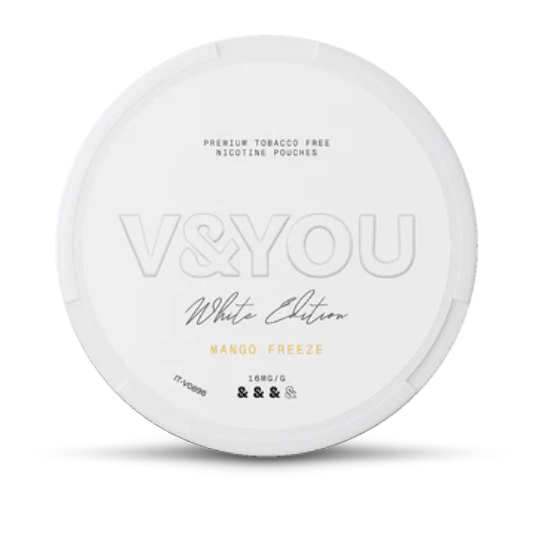 Round white container with labelled "V&You Mango Freeze" flavour and "16 mg/g" strength.