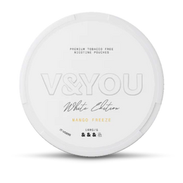 Round white container with labelled "V&You Mango Freeze" flavour and "16 mg/g" strength.