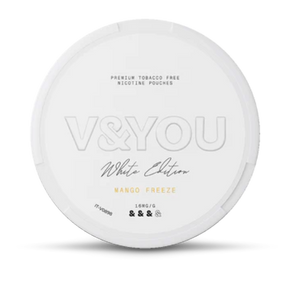 Round white container with labelled "V&You Mango Freeze" flavour and "16 mg/g" strength.