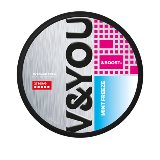 V&You Mint Freeze & Boost nicotine pouches in a round container, 27 mg/g.