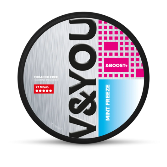 V&You Mint Freeze & Boost nicotine pouches in a round container, 27 mg/g.