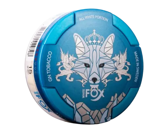A blue and white round container labeled White Fox with a stylised fox design. Text reads Spearmint”, All White Portion “Made in Sweden”.