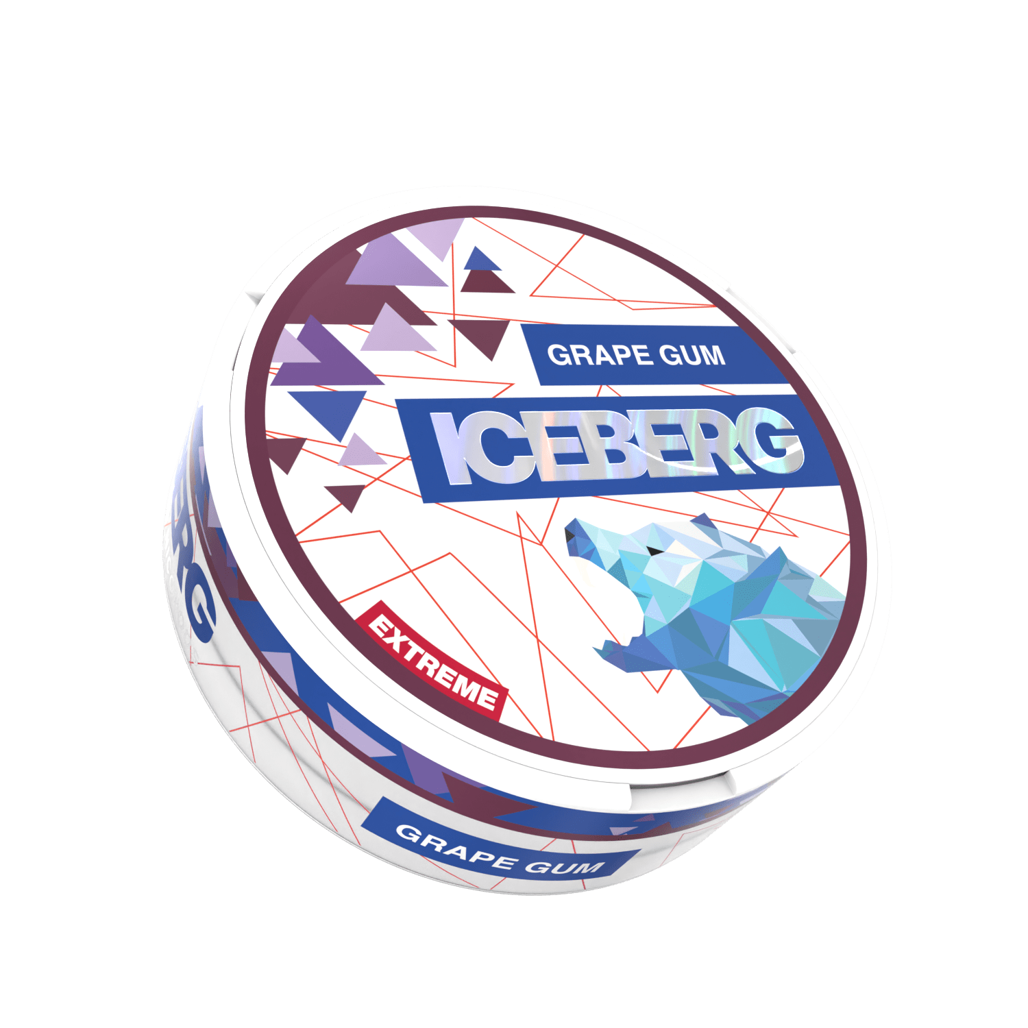 Round white container labelled Iceberg Grape Gum with a blue geometric polar bear and abstract design in purple and pink.