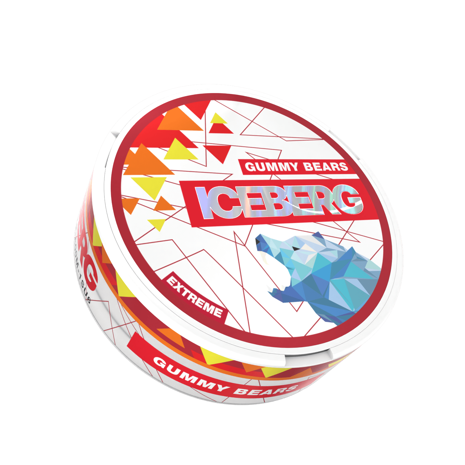 Round white container labelled Iceberg Gummy Bears with a blue geometric polar bear and abstract design in red, orange, and yellow.